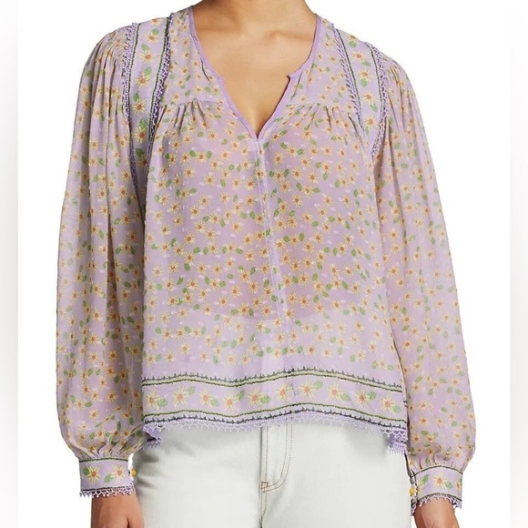 FARM Rio Tops - Farm Rio blouse Lilac Tropicaliente floral daisy balloon sleeve semi sheer small